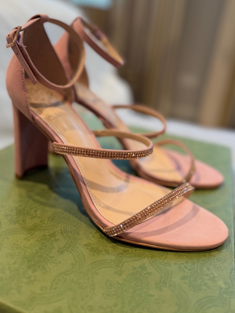 Vince Camuto Pink Rhinestone-Strap Block Sandals